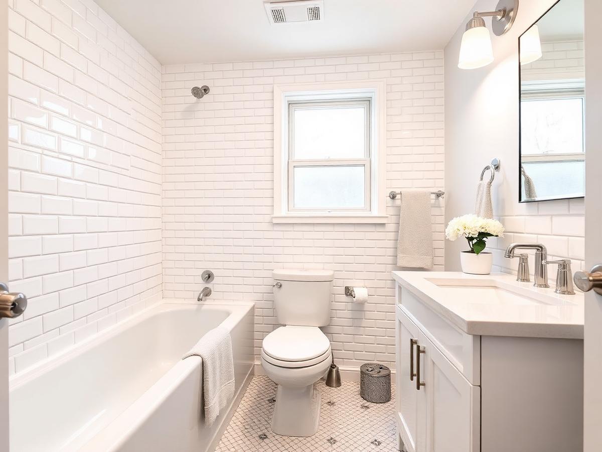 After: same hall bathroom with white subway tile, new white tub, light vanity with quartz top and mosaic floor tile