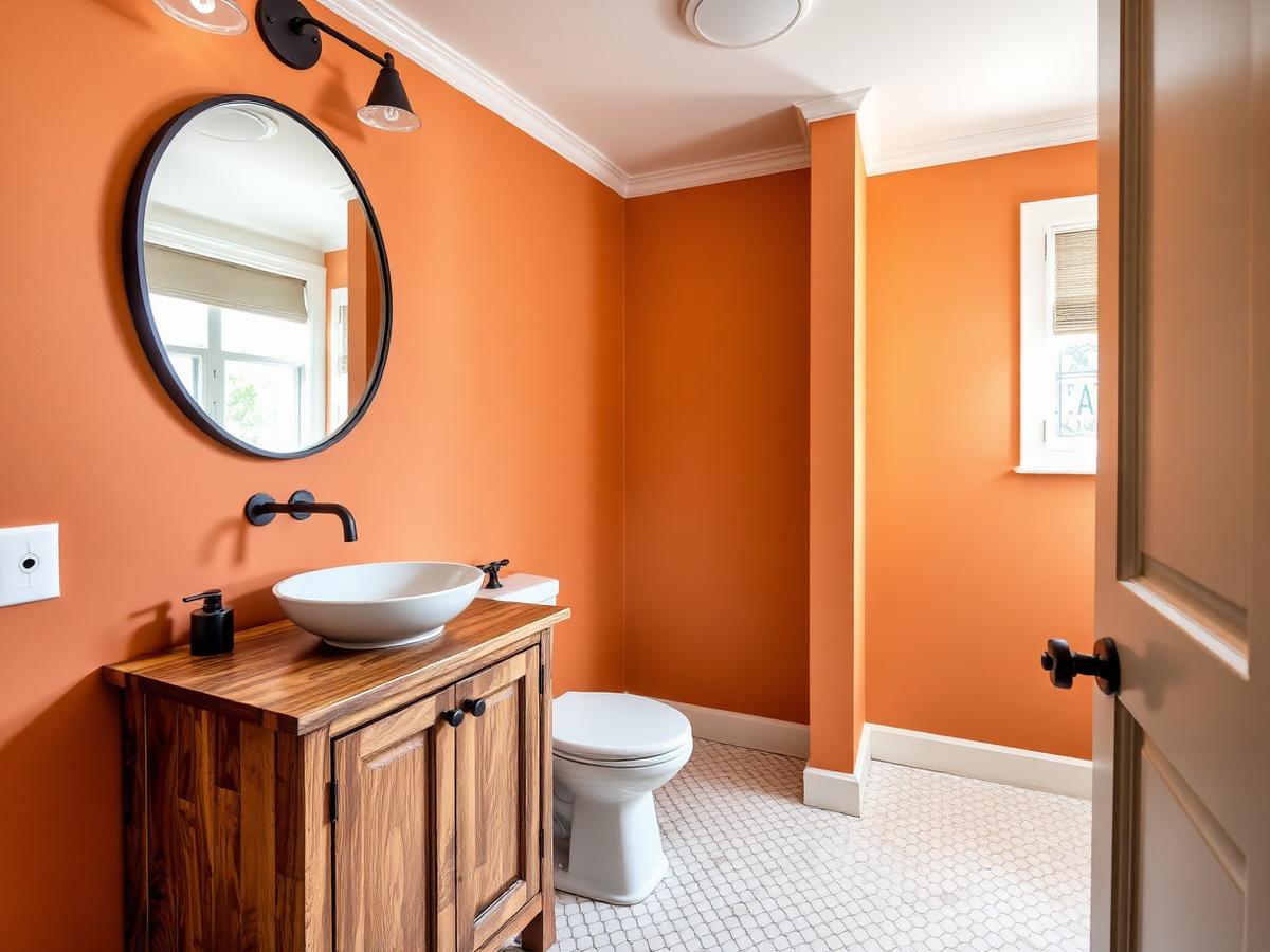 After: guest half bathroom with warm painted walls, reclaimed-wood vanity with vessel sink, black fixtures and hexagon tile floor