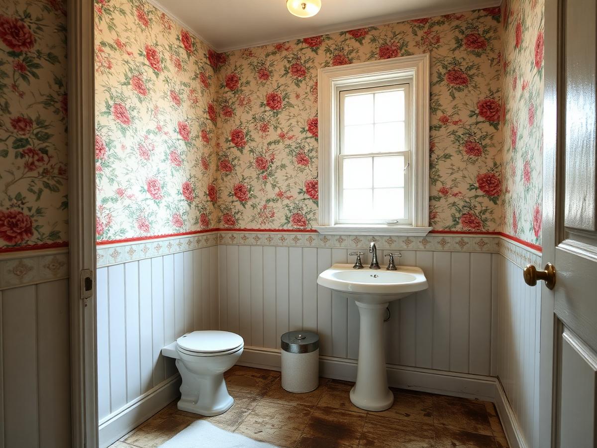 Before: guest half bathroom with floral wallpaper, pedestal sink and worn vinyl flooring